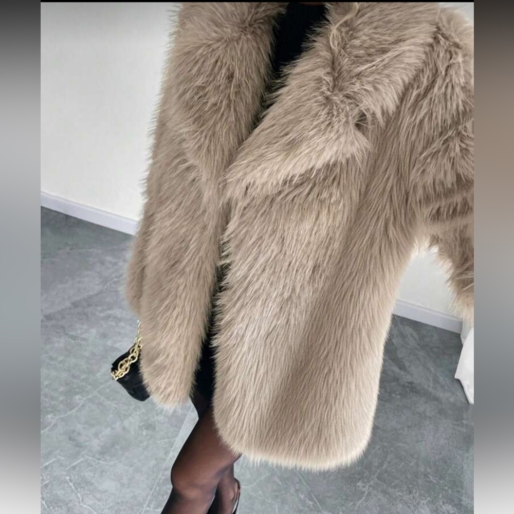 LAST CHANCE ❤️ Luxury faux fur coat lapel collar jacket tan brown - Picture 5 of 5